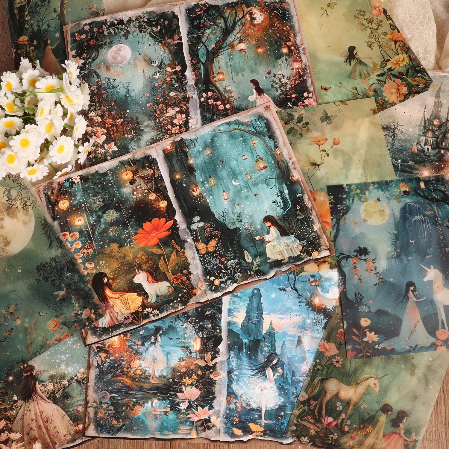 16 A5 Papers, 8 Transparent Sulfuric Acid Papers and 36stickers Fantasy Forest DIY Scrapbook Decoration Paper, for Arts Crafts,