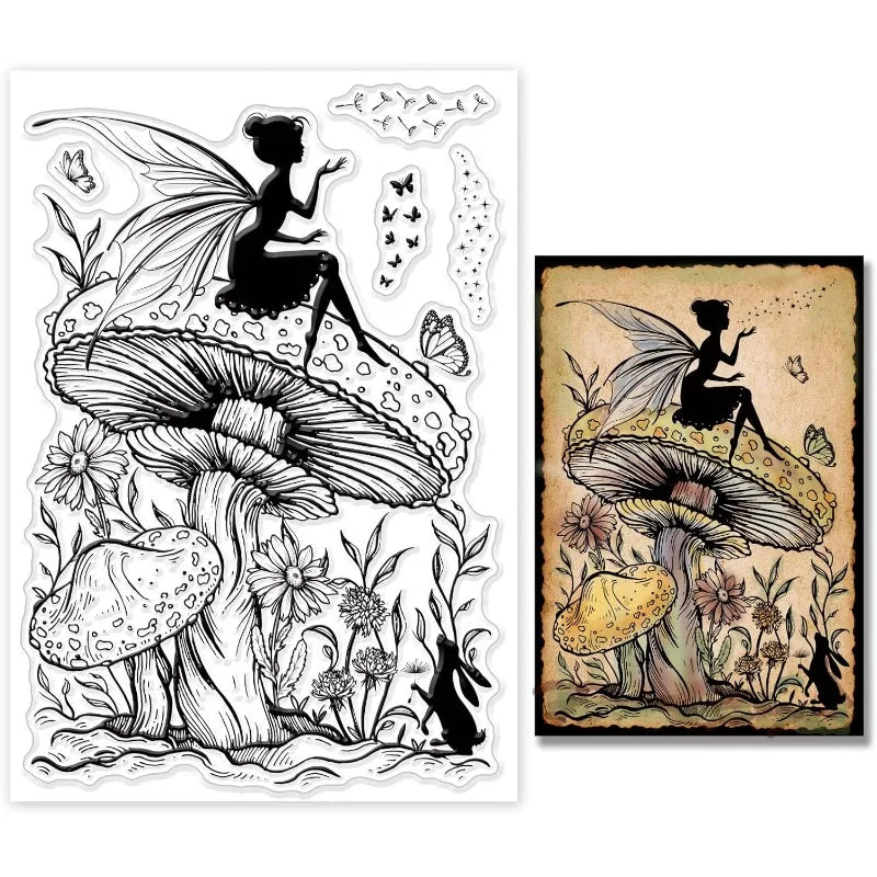 1Sheet Fairy Mushrooms Clear Stamps Beautiful Fairy Silicone Stamps Rabbit Plants Rubber Stamps Transparent Seal Stamps for DIY