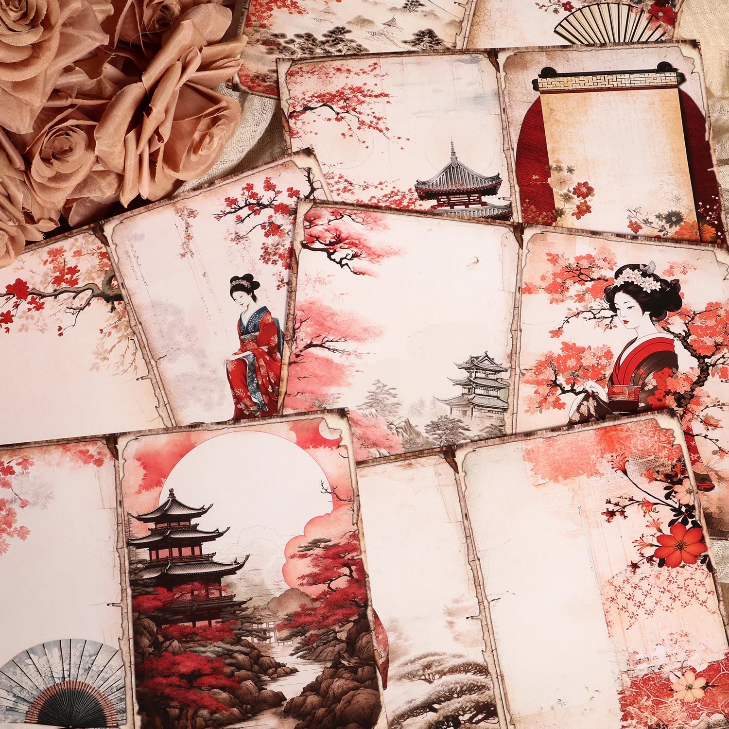 12 A5 Papers and 24stickers Oriental Cherry DlY Scrapbook Decoration Paper Pads,for Arts Crafts Junk Journals, Scrapbooking